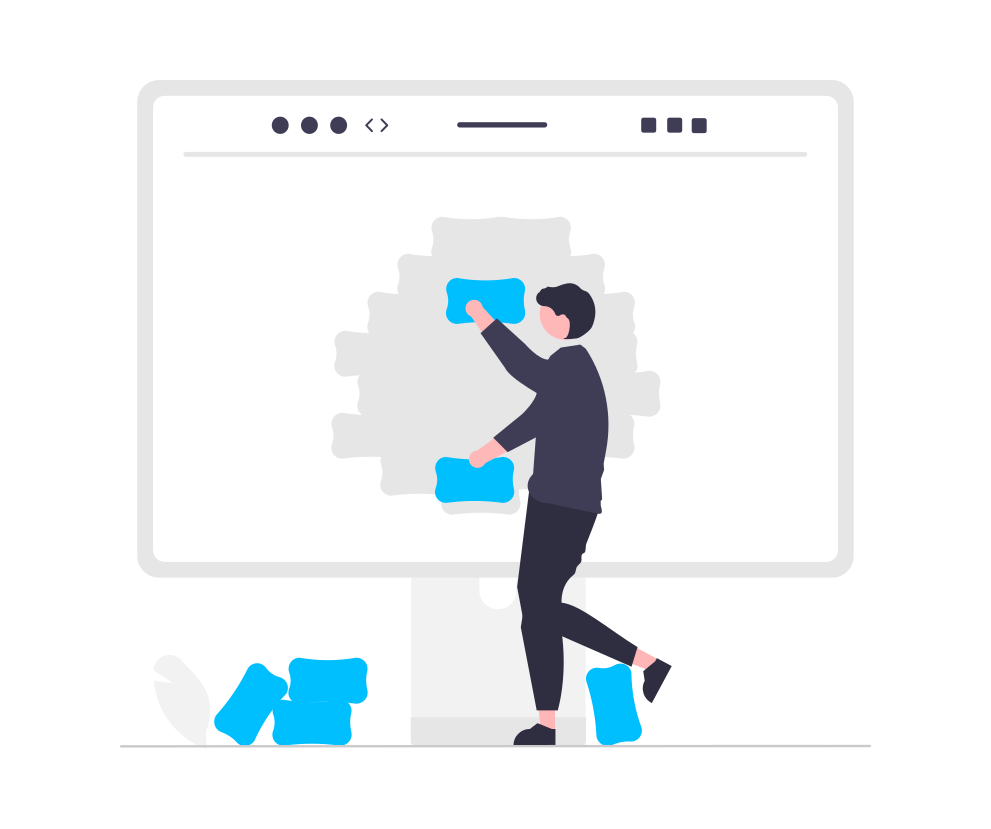 Illustration of a person adding building blocks to a giant computer screen.
