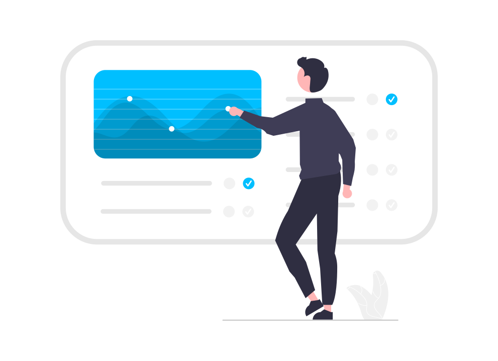 Illustration of a person presenting a graph on a control panel.