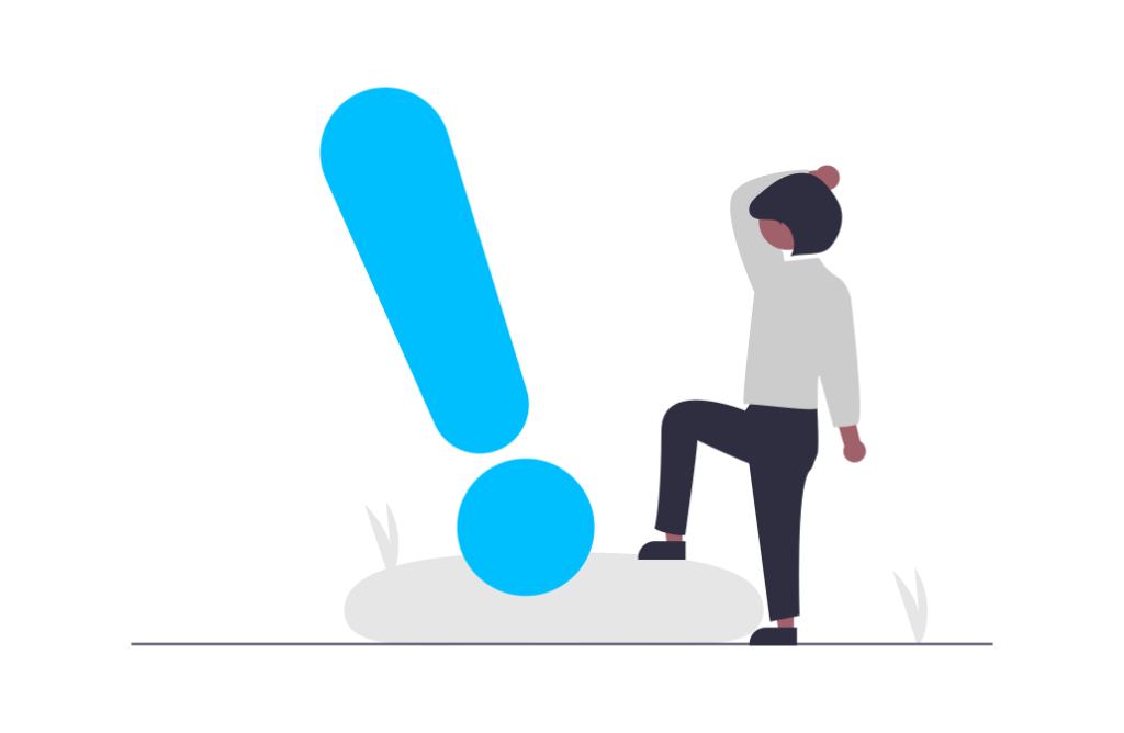 Illustration of a person standing beside an exclamation mark.