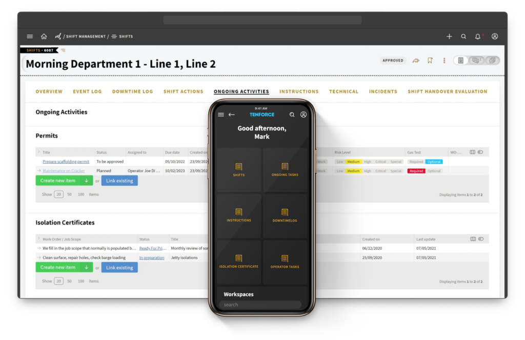 Screen shot of a computer scream and mobile device displayin the TenForce Shift Management Module dashboards.