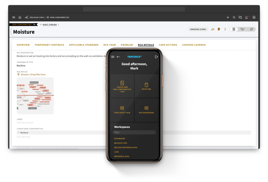 Screenshot and smartphone screen showing the CAPA Management module.