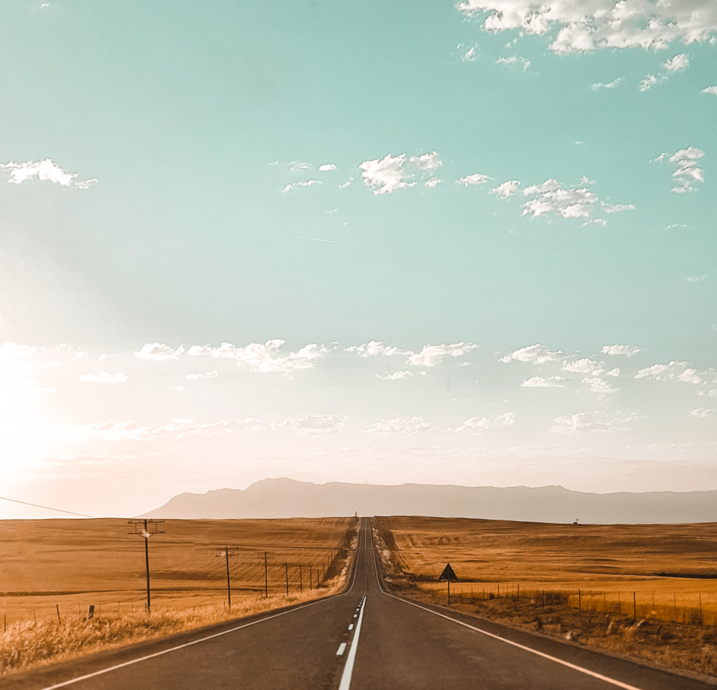 Tarmac road stretches out in a straight line across the plain, with a pale blue sky above and yellow grassland either side.