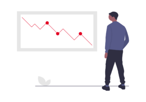 Illustration of a person standing next to a line chart showing a downward trend.
