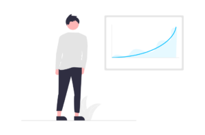 Illustration of a man standing next to a graph showing an upward trend.