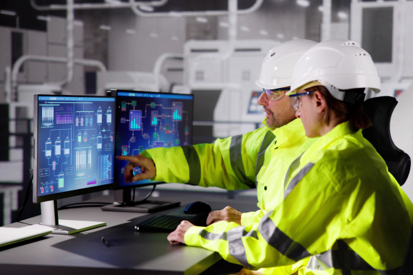 Two industrial workers in high-visibility gear and hard hats reviewing real-time operational data on control room monitors in a manufacturing facility.