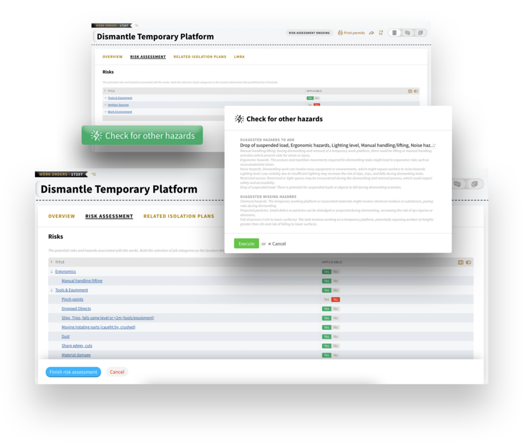 Screenshots of TenForce's AI Assistant for Permit to Work showing how it suggests hazards and controls during risk assessment.