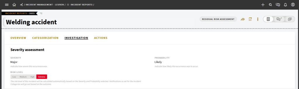 In TenForce Incident Management you can now assess incidents and near misses based on severity and probability