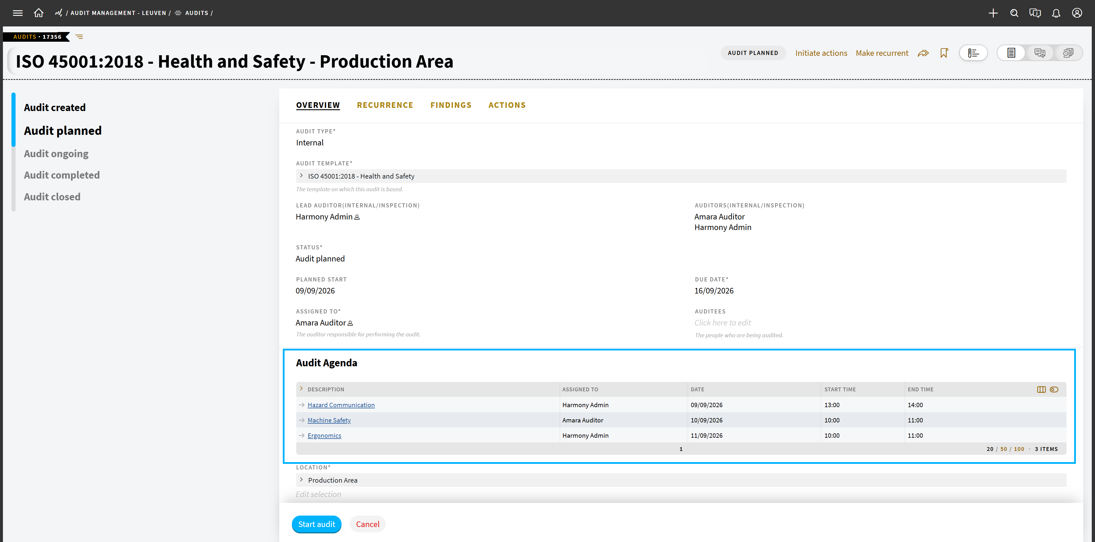 Screenshot of the TenForce Audits & Inspections module, showing an audit agenda for a health and safety audit in the production area.