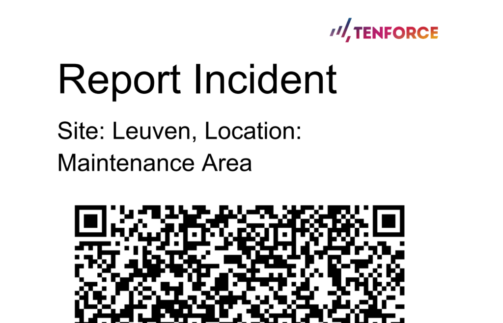 An incident report QR code, showing the Location: Leuven Maintenance Area